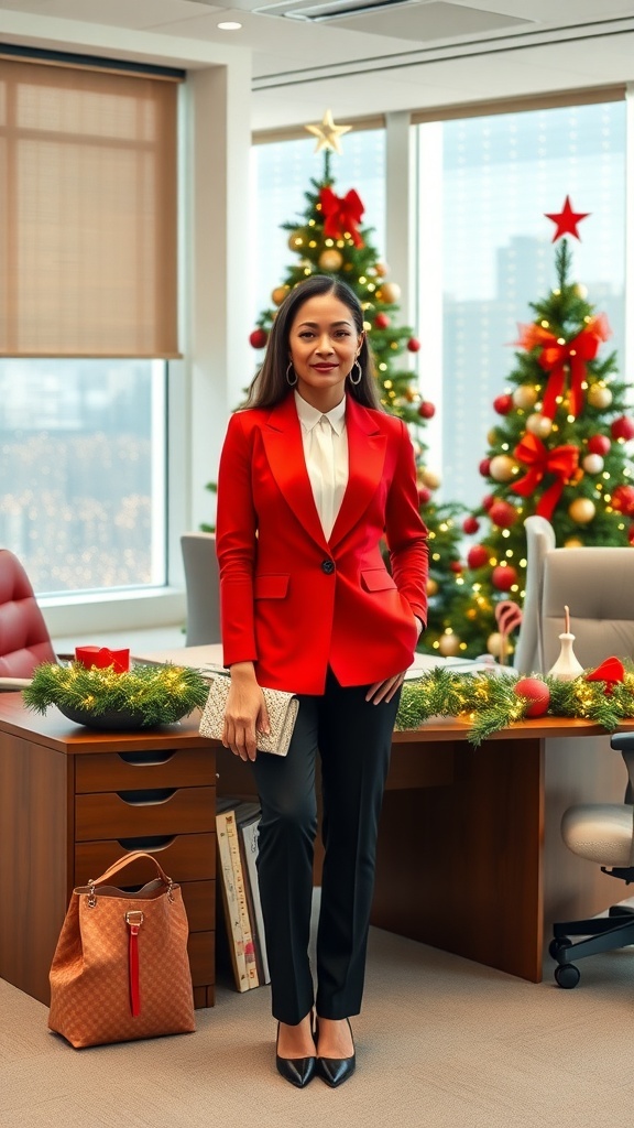 A professional woman in a red blazer and white blouse at a festive office with Christmas decorations.